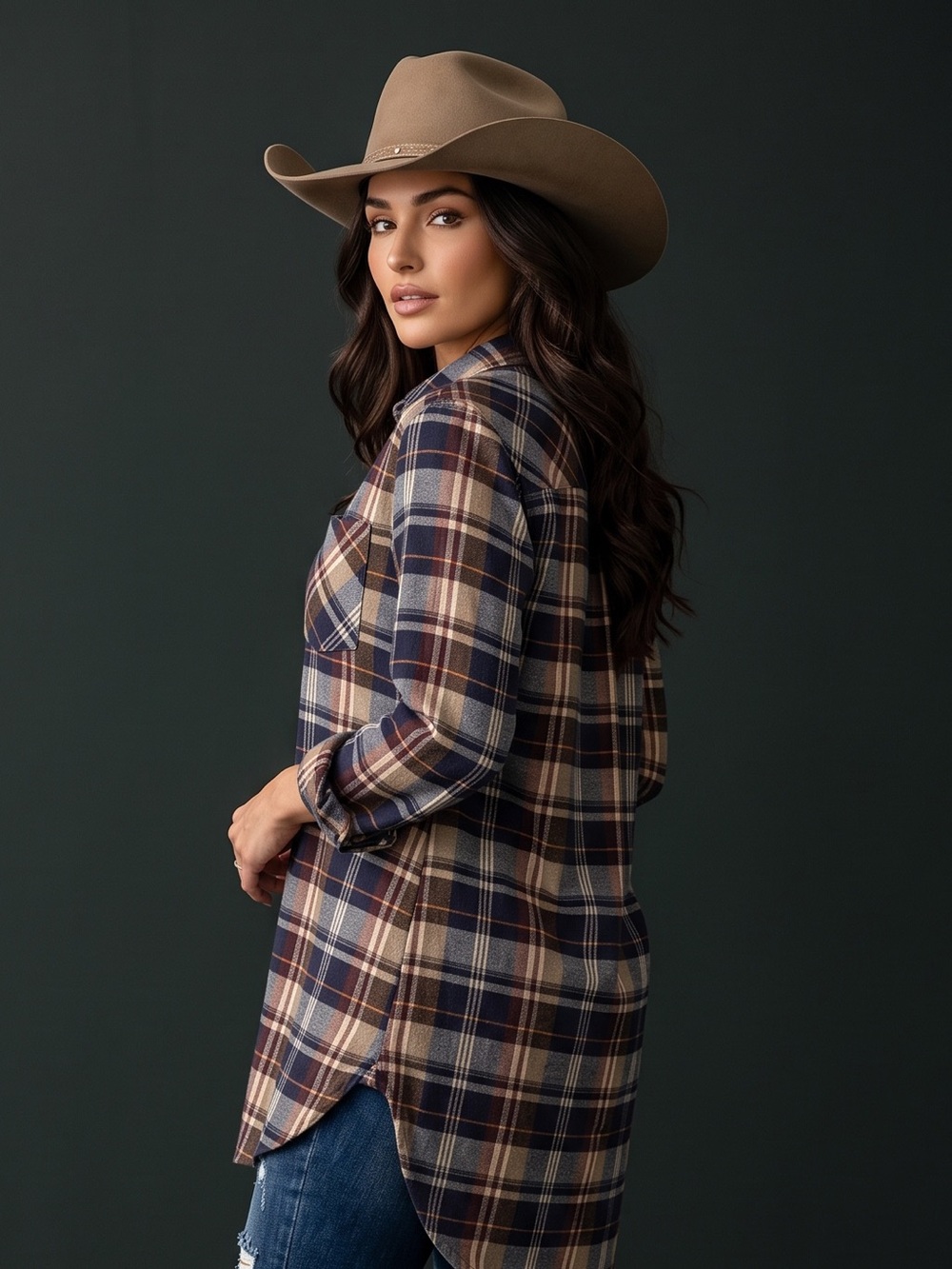 entro Plaid Button-Down Tunic Shirt in berry, plum & Browns